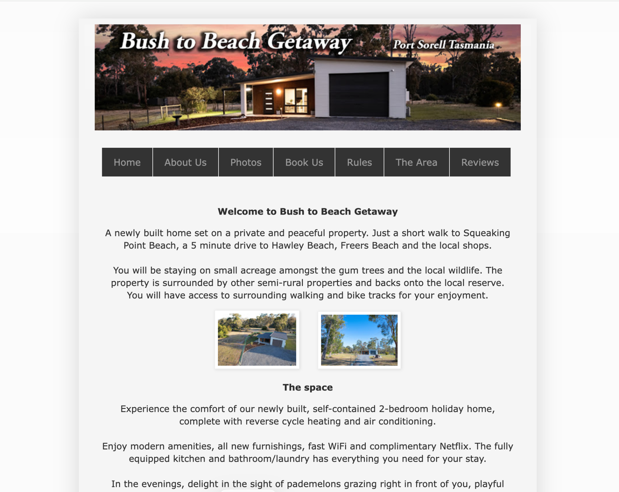 Bush to Beach Getaway website screenshot